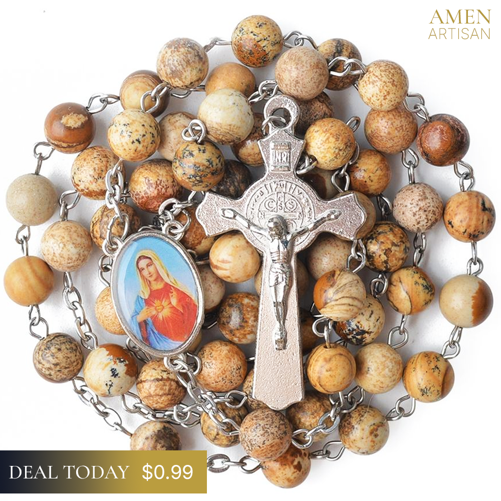 【Deal Today】Picture Jasper Beads Immaculate Heart of Mary Rosary