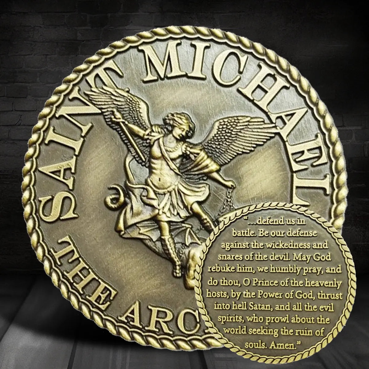 St Michael Challenge Coin – Antique Bronze Archangel Defeating Dragon Medal with Prayer -Amen Artisan
