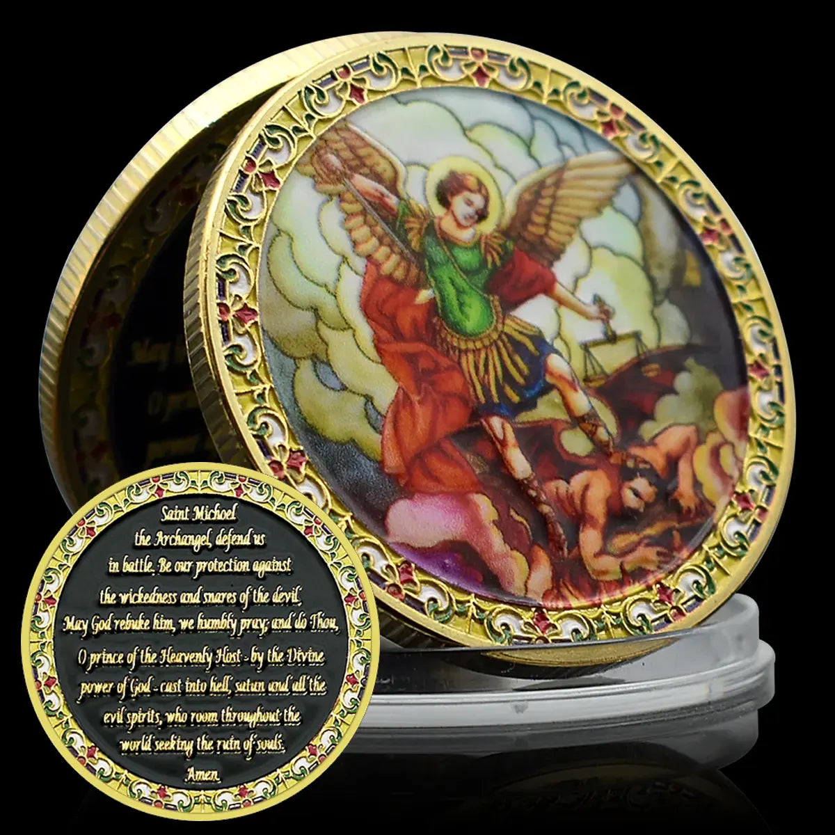 St Michael Challenge Coin – Stained Glass Archangel Defeating Satan Medal with Prayer - Amen Artisan
