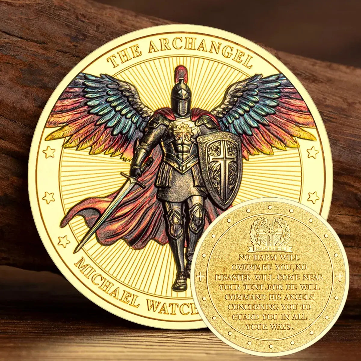 St Michael Challenge Coin – Knight Armor Cross Shield Archangel Michael Psalm 91 - Amen Artisan