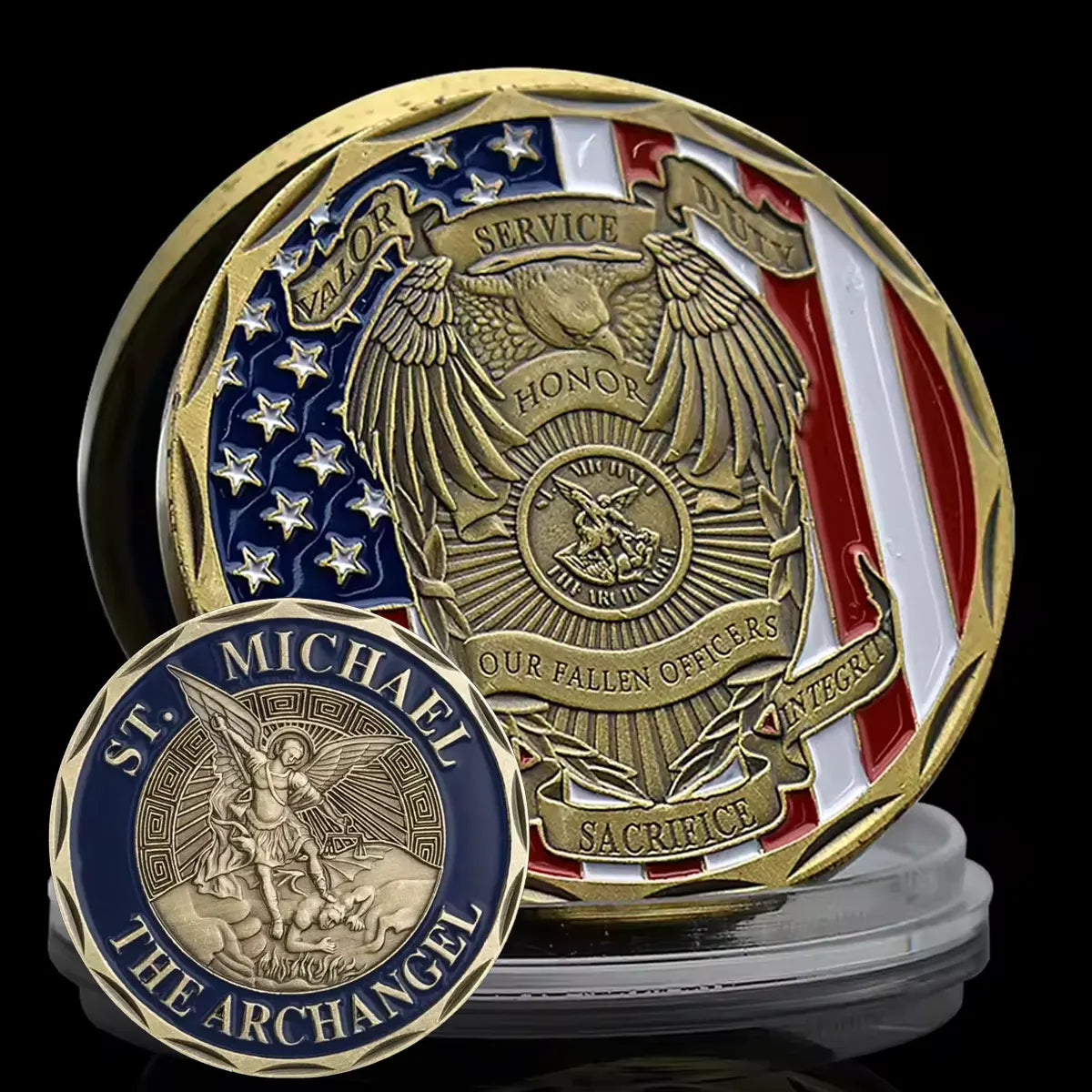 St Michael Challenge Coin - Fallen Officers Memorial with American Flag - Amen Artisan