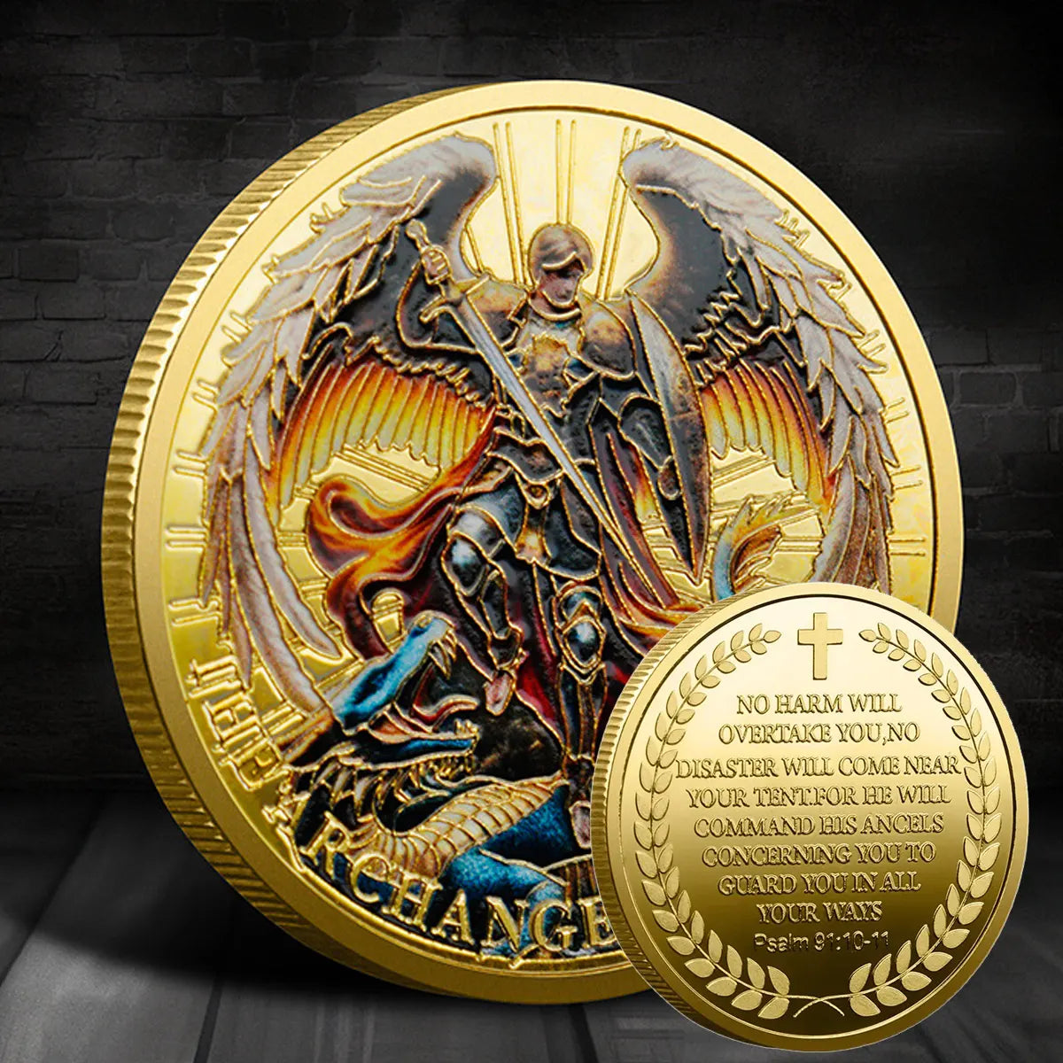 St Michael Challenge Coin – Slaying Dragon Archangel Medal Psalm 91 Protection - Amen Artisan