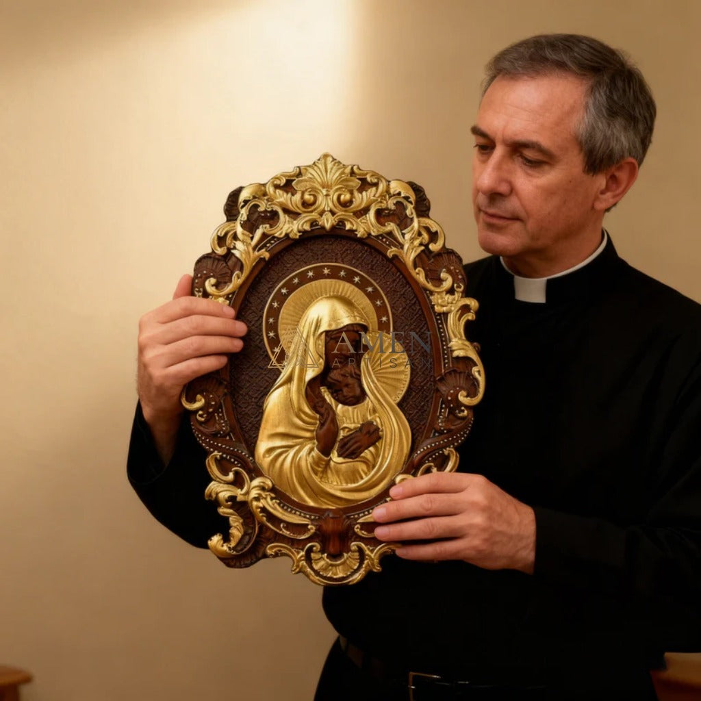 The Virgin Mary Holding The Infant Jesus Wooden Sculpture