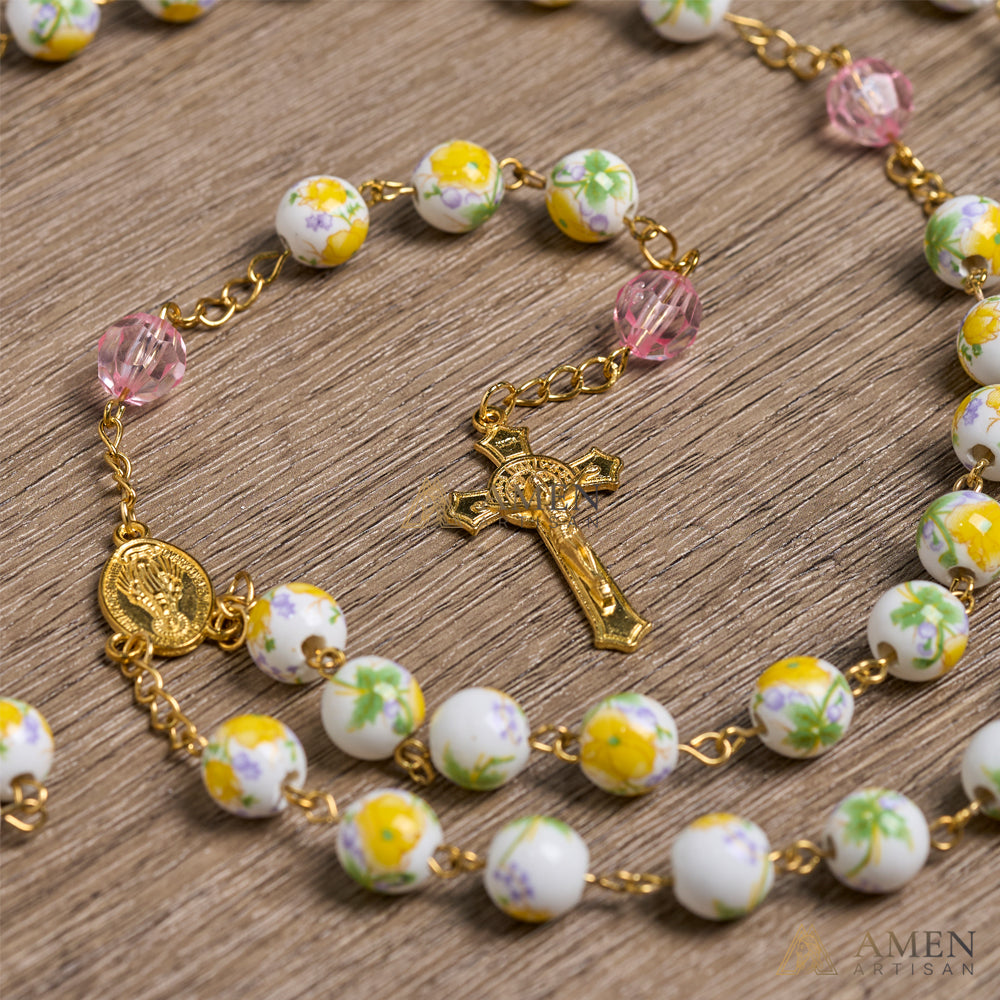 Yellow Floral Ceramic Rosary Amen Artisan