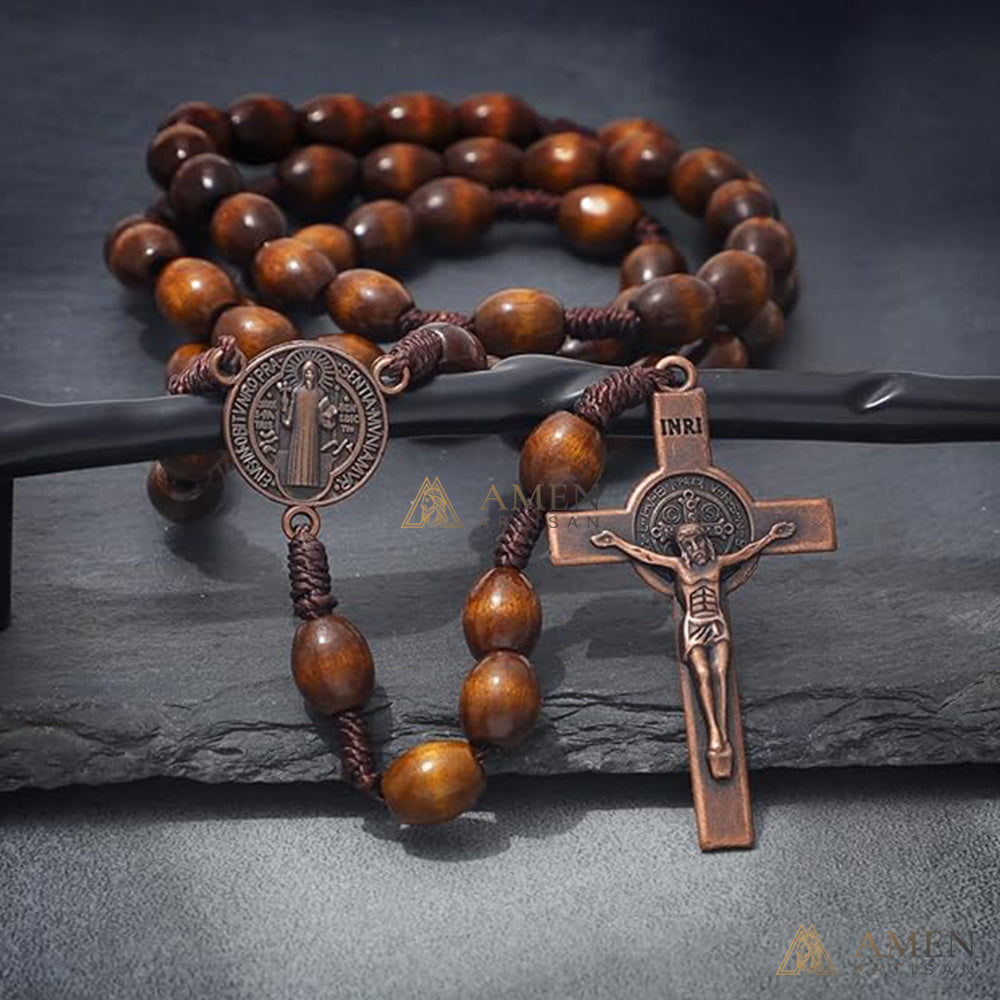 Oval Wooden Beads Saint Benedict Medal Crucifix Rosary Amen Artisan