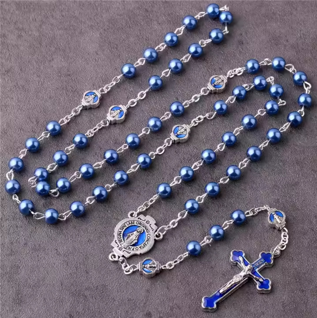 $0.99 Deal Deep Blue Pearl Beads Virgin Mary Rosary