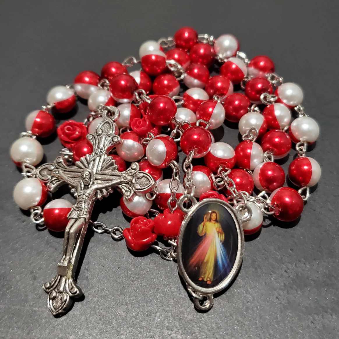 $0.99 Deal Red White Pearls Divine Mercy Rosary