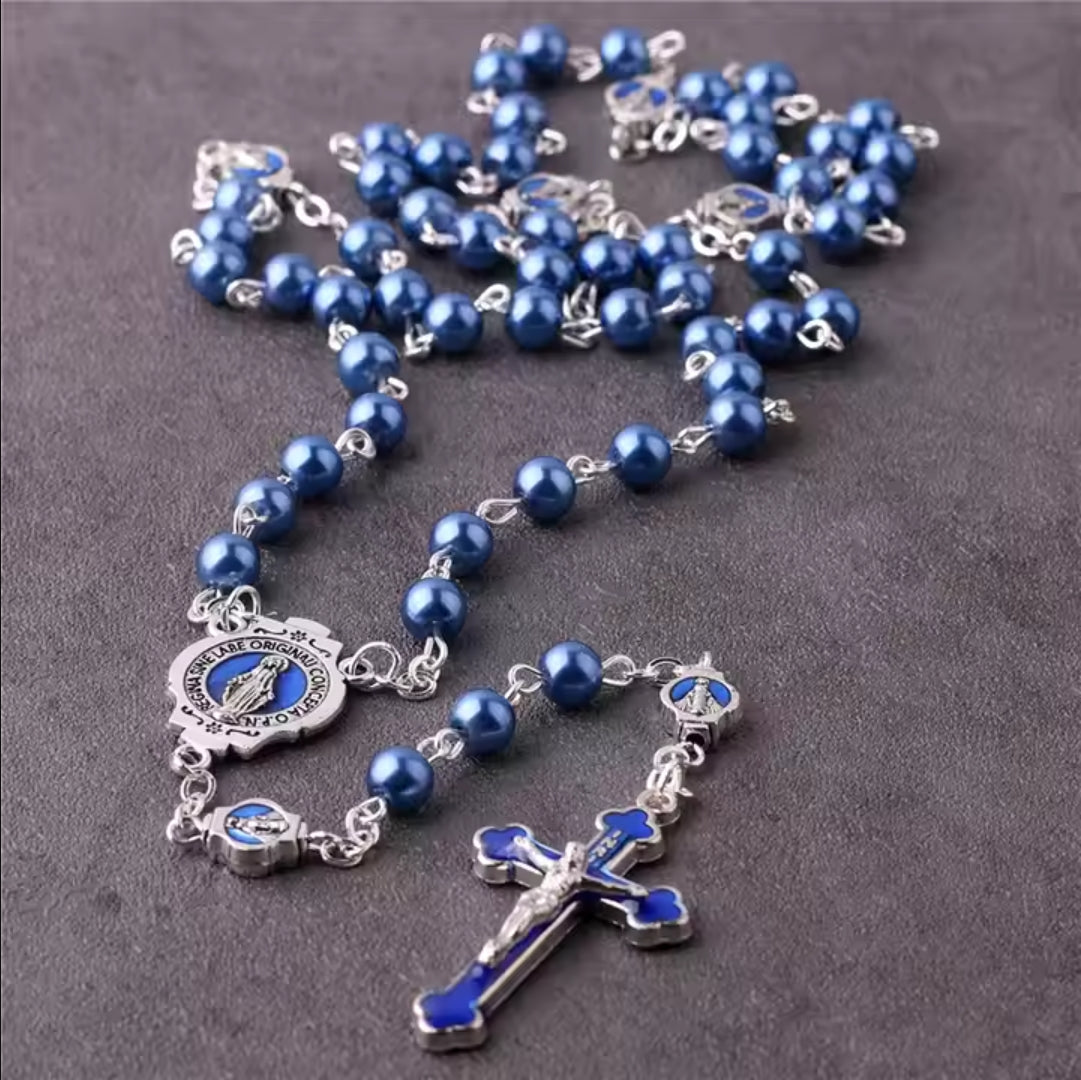 $0.99 Deal Deep Blue Pearl Beads Virgin Mary Rosary