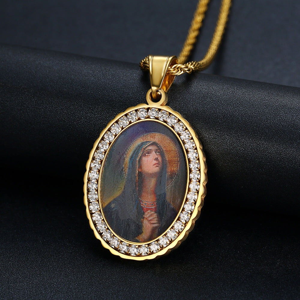 Holy Mother Photo Memorial Titanium Steel Zircon Necklace | Amen Artisan