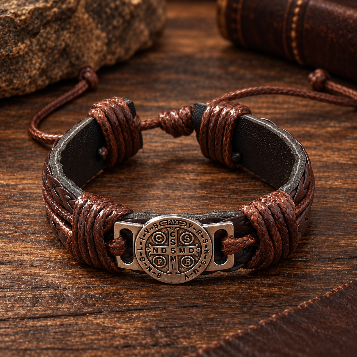 St. Benedict Medal Braided Leather Bracelet