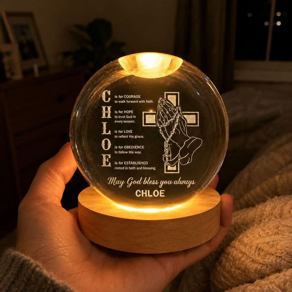 Personalized Name Faith Blessing Crystal Ball Night Light with Praying Hands & Cross Design — Blessing