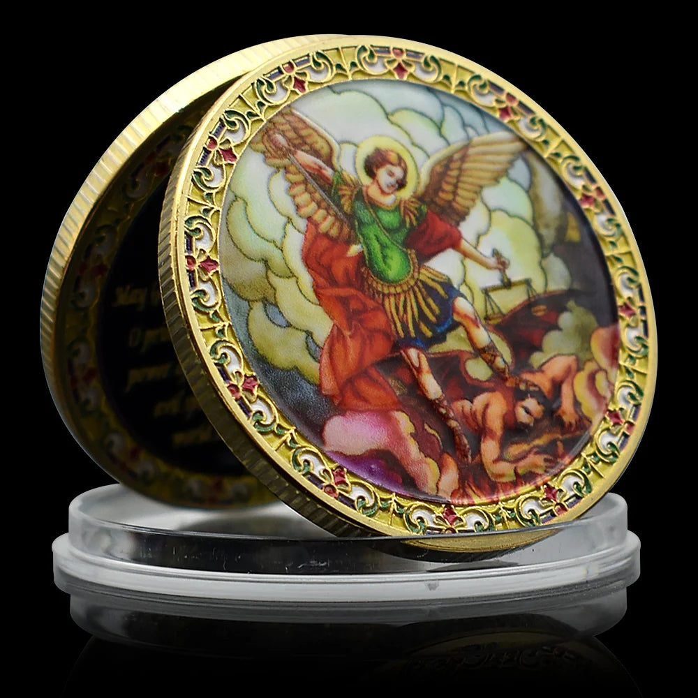 St Michael Challenge Coin – Stained Glass Archangel Defeating Satan Medal with Prayer - Amen Artisan