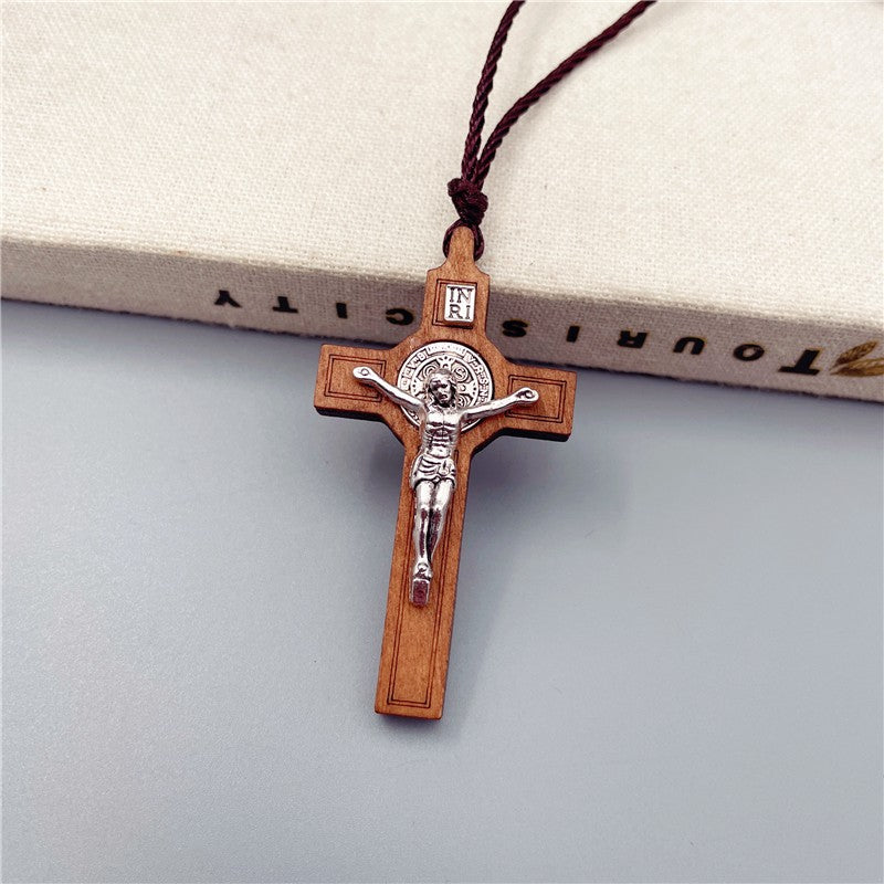 Amen Artisan Wood Inlaid Metal Crucifix Cross Necklace