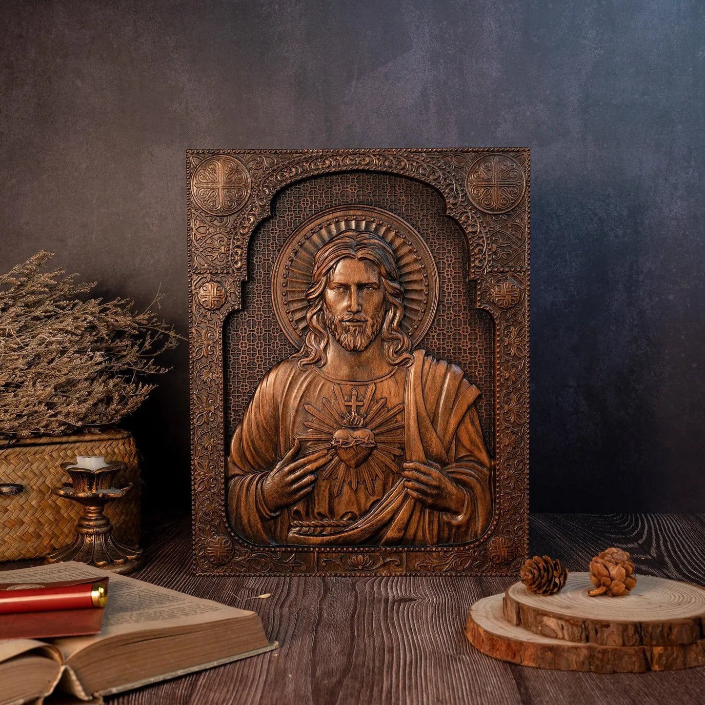 Sacred Heart of Jesus Wood Carved Relief Decor Amen Artisan