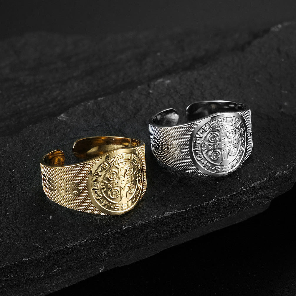 Saint Benedict Cross & Inscriptions "JESUS" Ring Amen Artisan