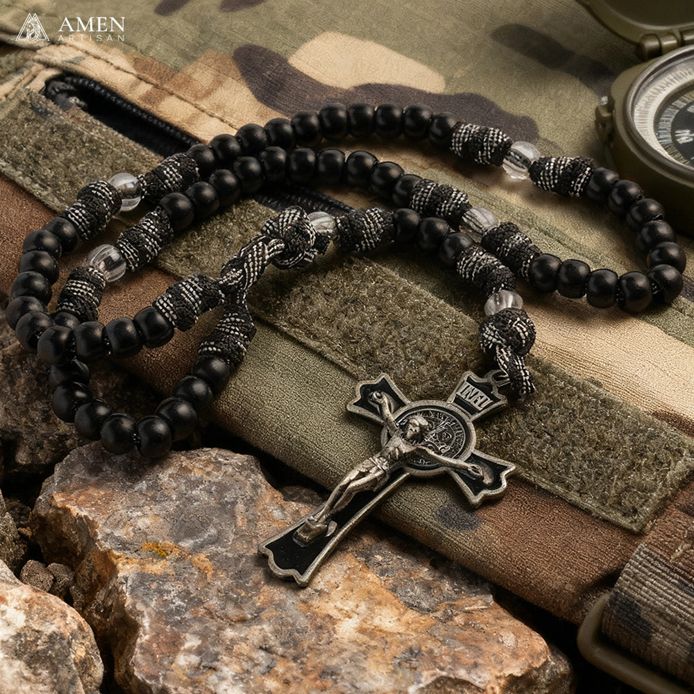 Tactical Paracord Rosary — Matte Black Beads, Military-Grade
