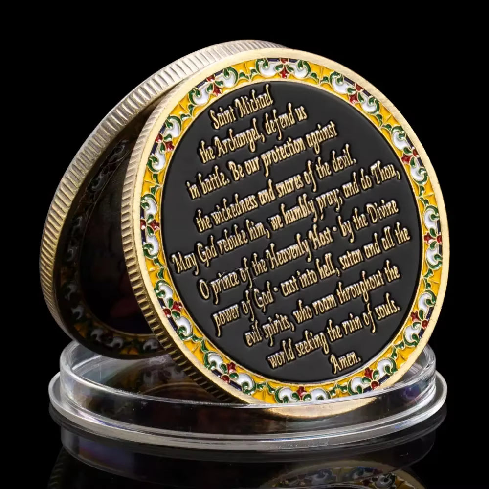 St Michael Challenge Coin – Stained Glass Archangel Defeating Satan Medal with Prayer - Amen Artisan