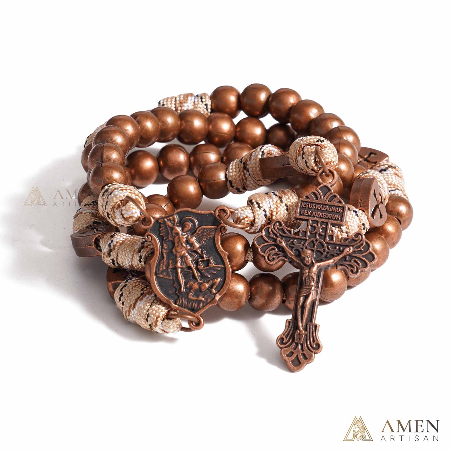 St. Michael the Archangel Bronze Paracord Wrapped Rosary Bracelet – Faith & Protection Amen Artisan