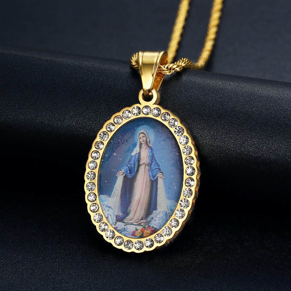 Holy Mother Photo Memorial Titanium Steel Zircon Necklace | Amen Artisan