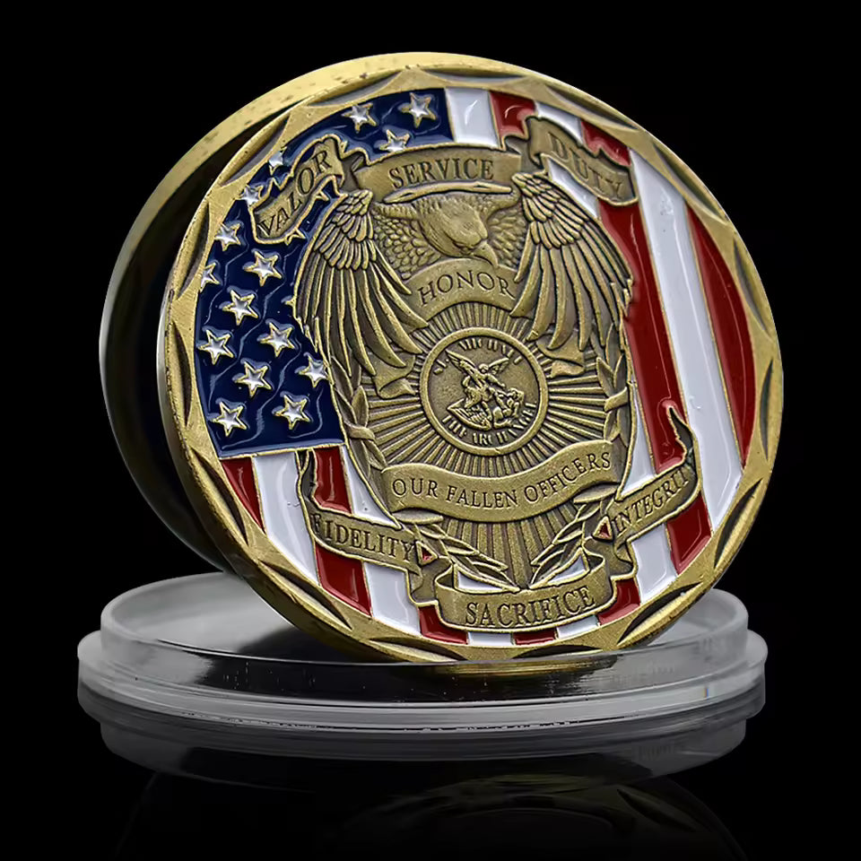 St Michael Challenge Coin - Fallen Officers Memorial with American Flag - Amen Artisan