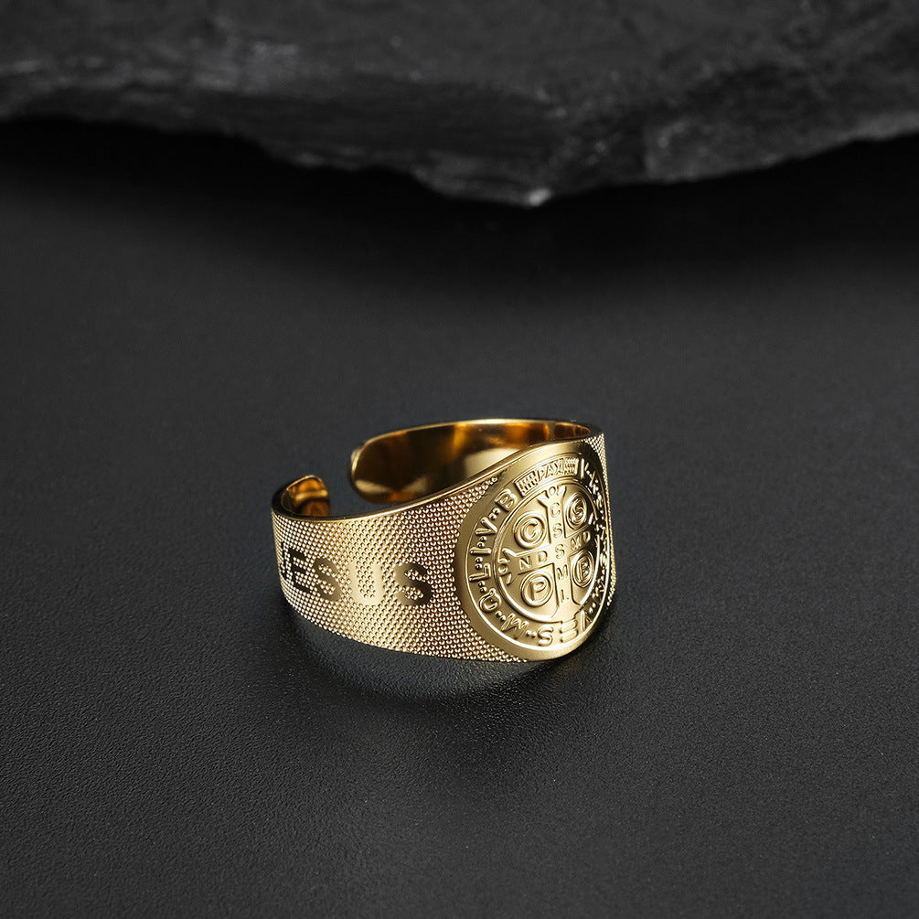 Saint Benedict Cross & Inscriptions "JESUS" Ring Amen Artisan