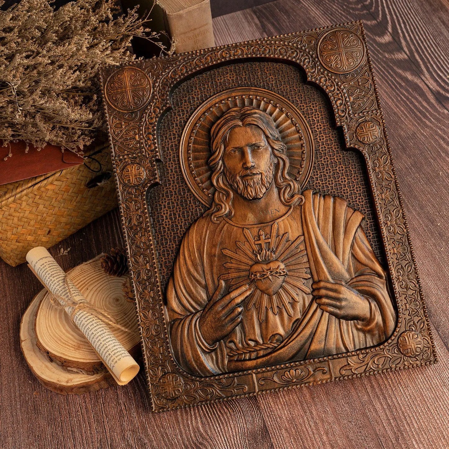 Sacred Heart of Jesus Wood Carved Relief Decor Amen Artisan