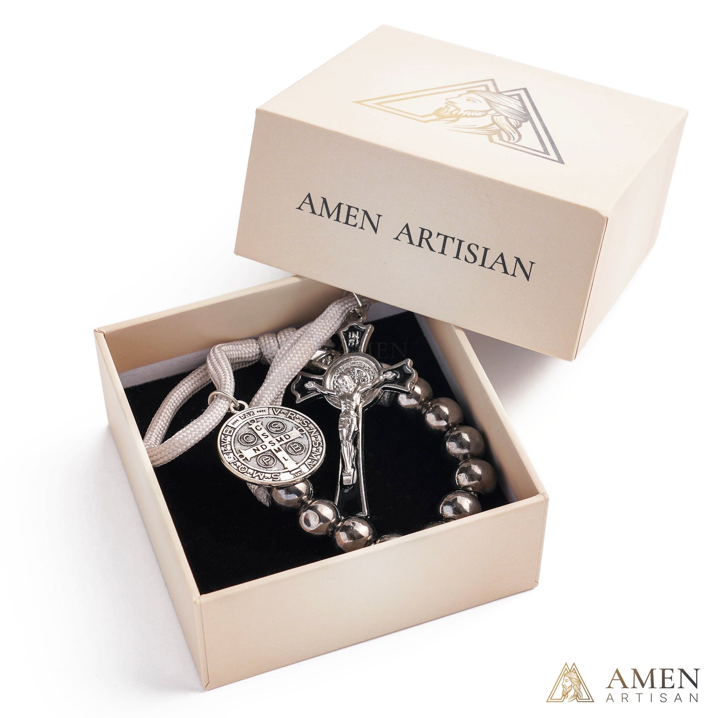 The "Cathedral Steel" St. Benedict multi-Decade Wrap Rosary by AMEN ARTISAN – Faceted Cobalt Finish with Smiling Jesus Crucifix