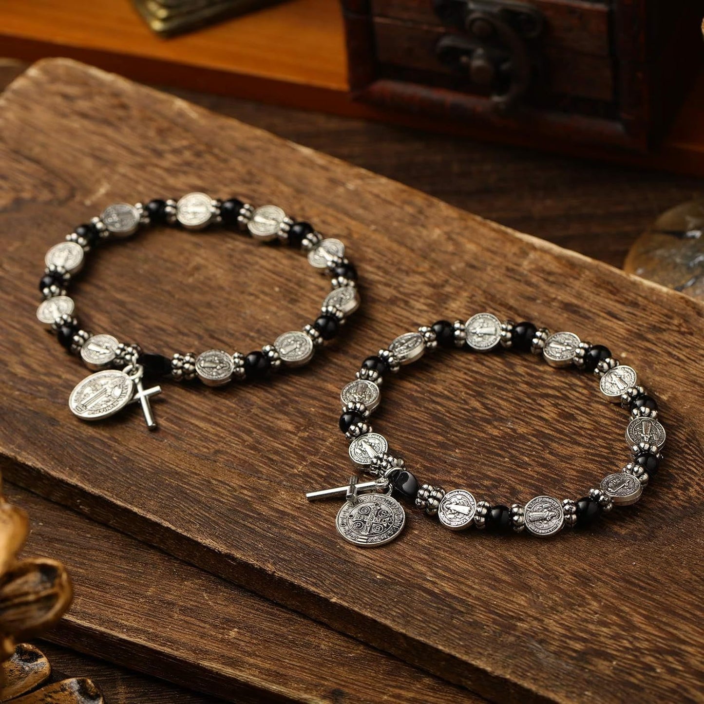 Amen Artisan Hematite Beads Saint Benedict Medal Cross Elastic Cord Bracelet
