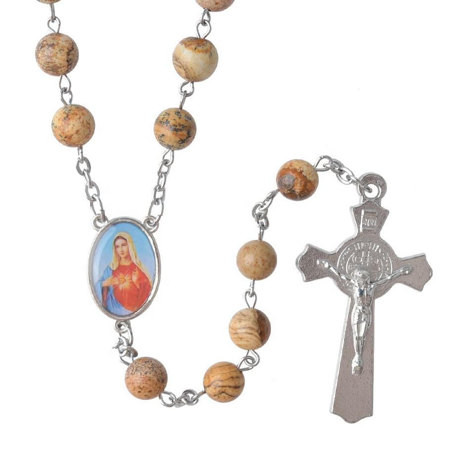 【Deal Today】Picture Jasper Beads Immaculate Heart of Mary Rosary