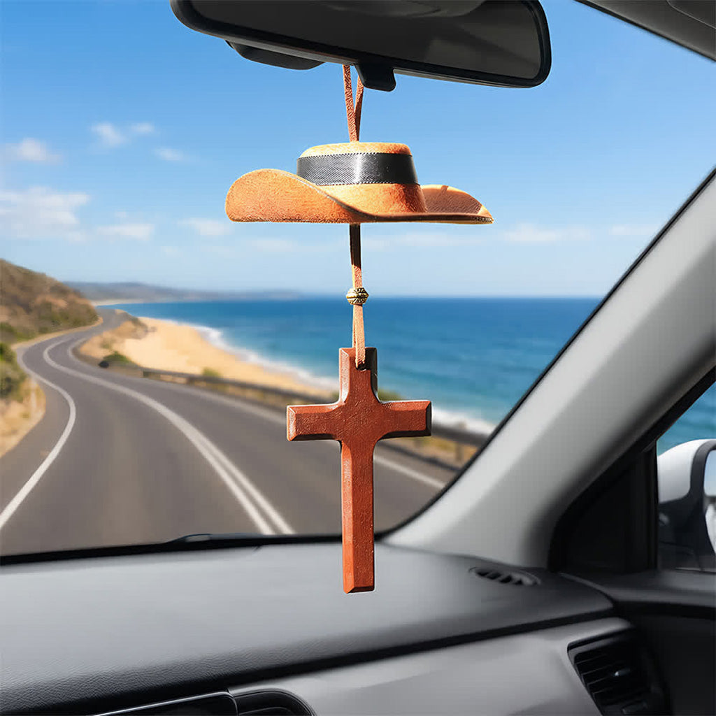 【Deal Today】Western Rearview Mirror Ornament with Cowboy Hat and Cross — Faith | Amen Artisan®