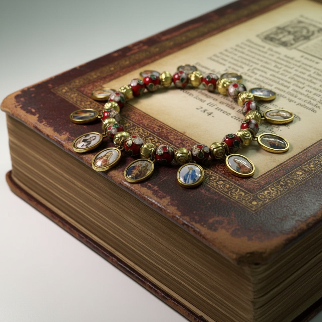 Pulseira elástica Cloisonné Beads Saint Medal Amen Artisan