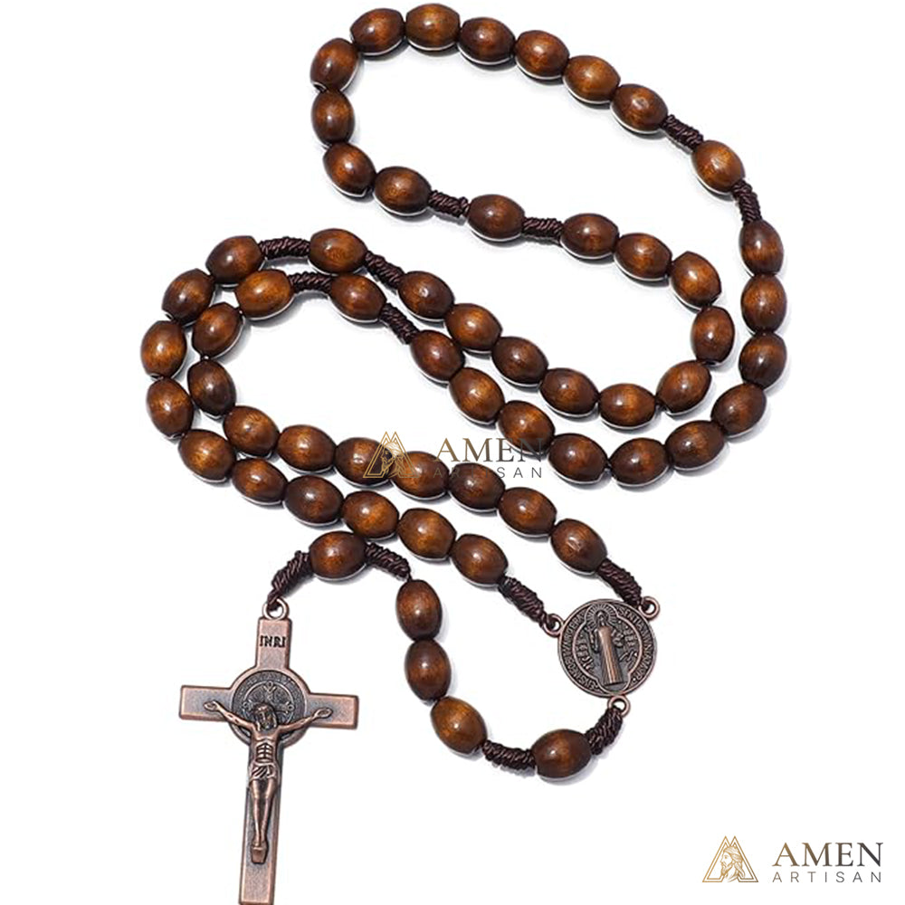 Oval Wooden Beads Saint Benedict Medal Crucifix Rosary Amen Artisan
