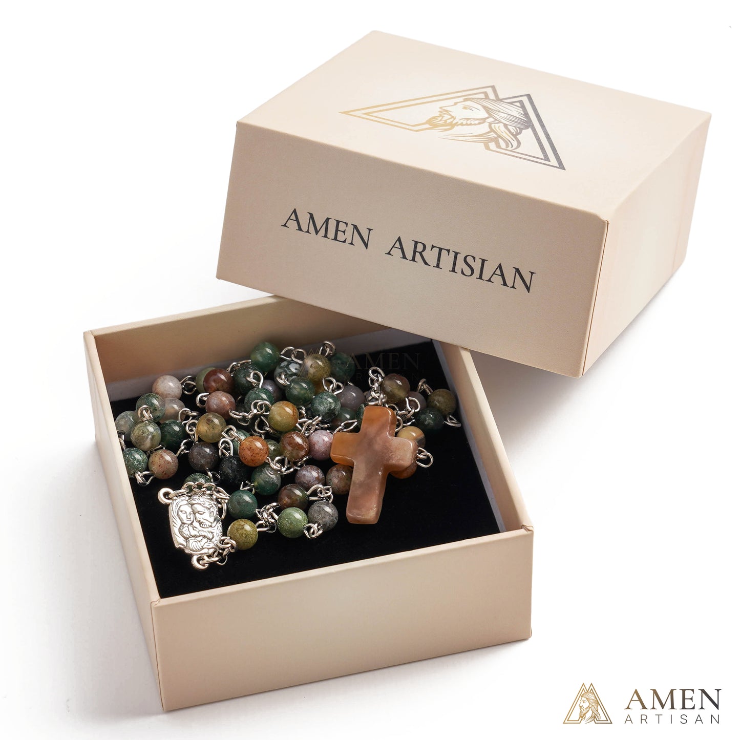 Indian Agate Holy Family Medal Rosary Amen Artisan