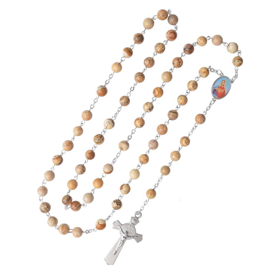 【Deal Today】Picture Jasper Beads Immaculate Heart of Mary Rosary