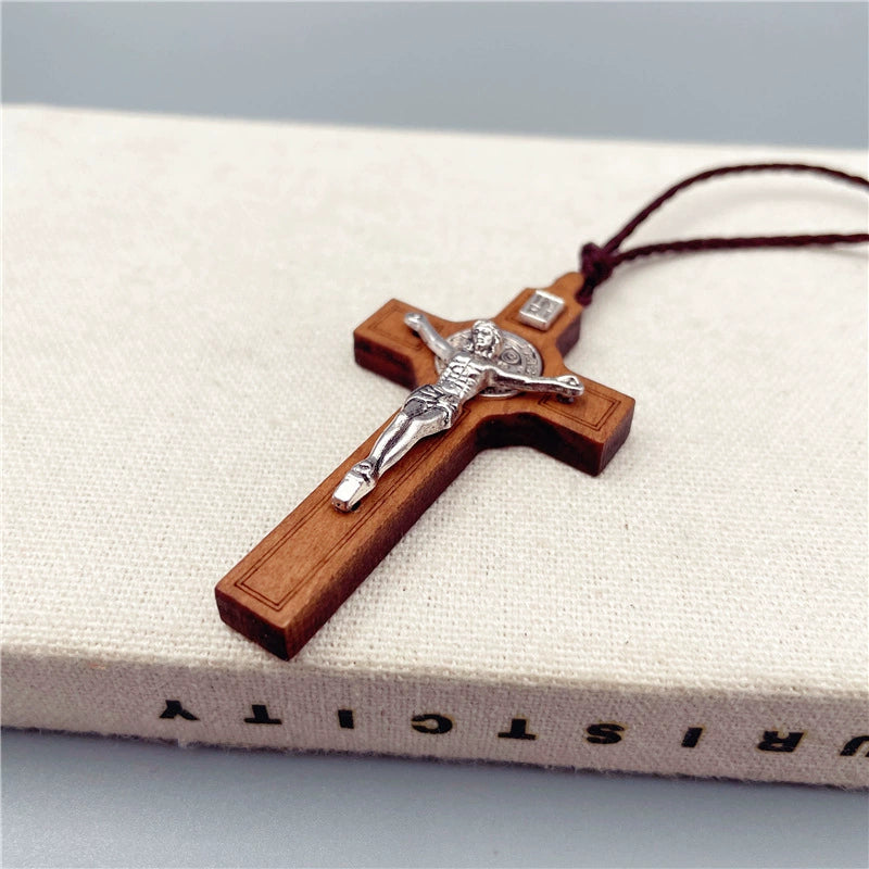 Amen Artisan Wood Inlaid Metal Crucifix Cross Necklace