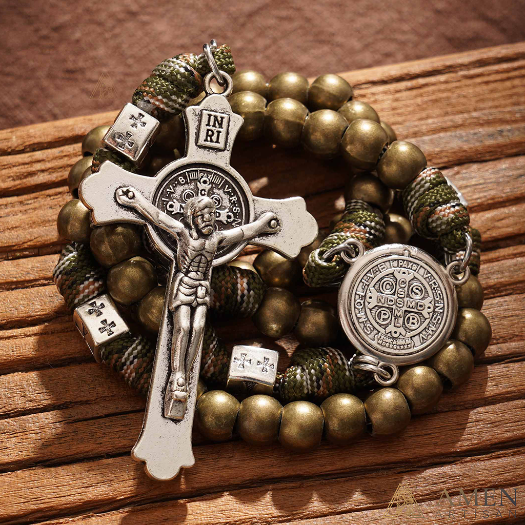 Brass Beads Saint Benedict Medal Crucifix Paracord Rosary Amen