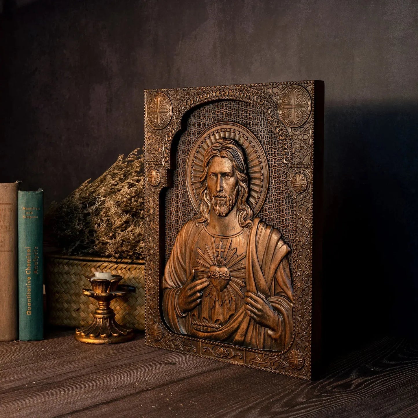 Sacred Heart of Jesus Wood Carved Relief Decor Amen Artisan