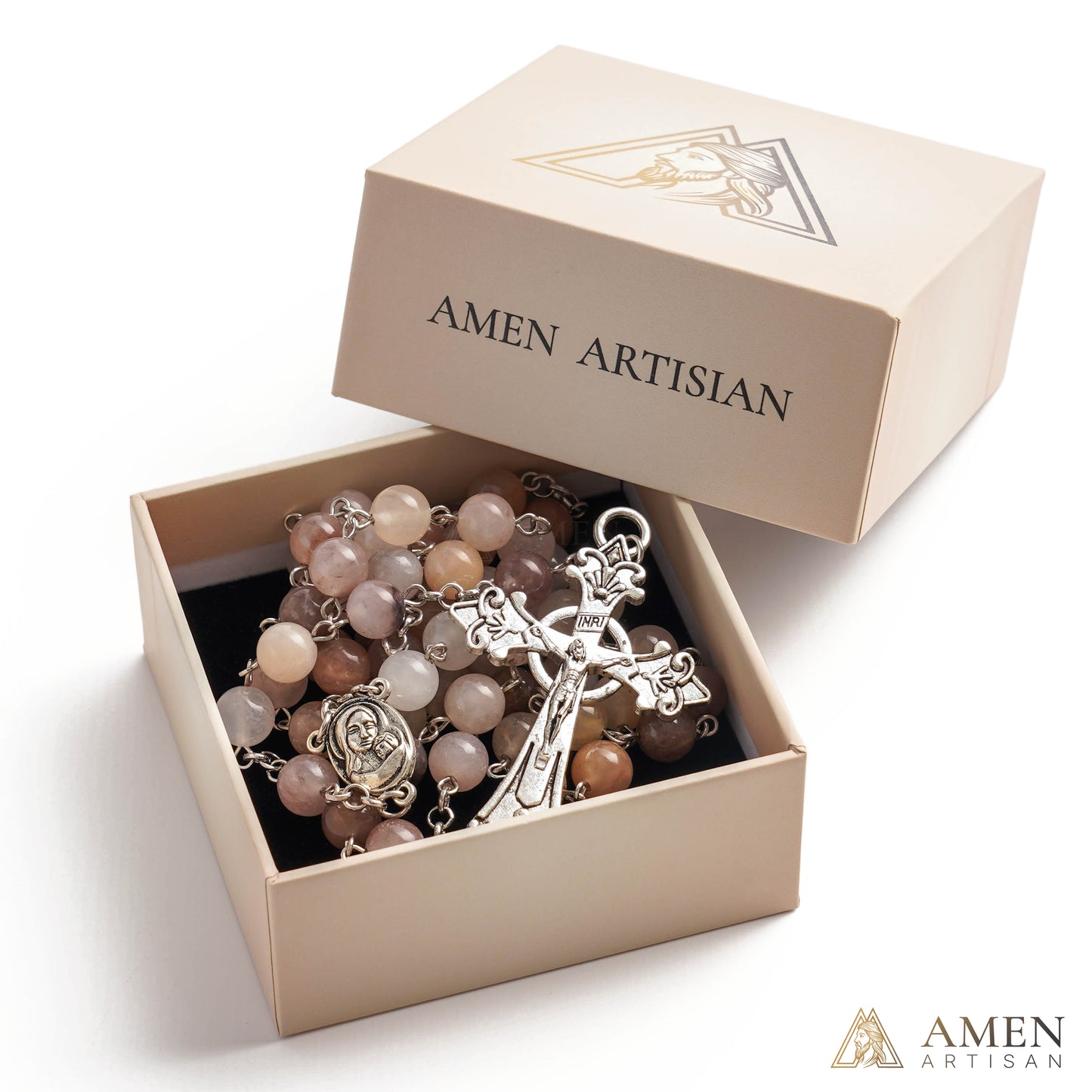 Purple Golden Silk Jade Madonna and Child Medal Rosary Amen Artisan