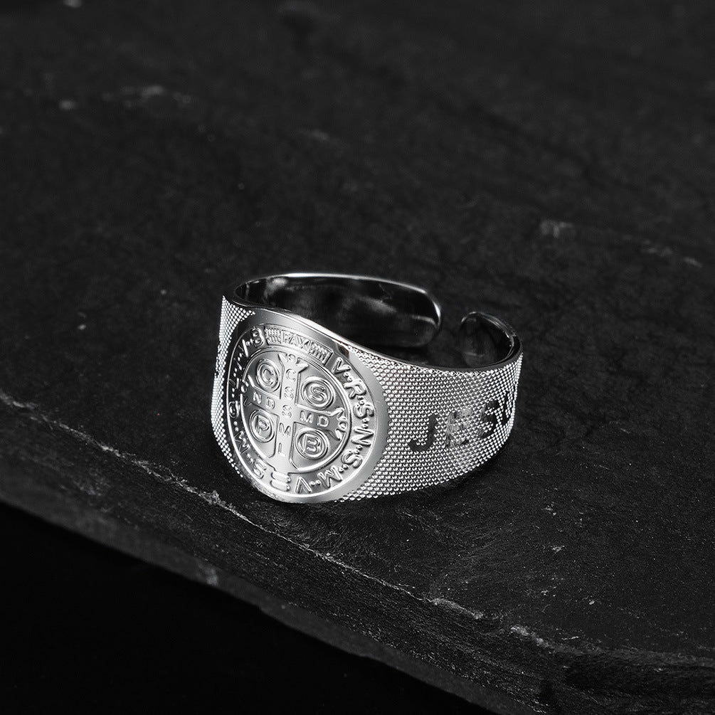 Saint Benedict Cross & Inscriptions "JESUS" Ring Amen Artisan