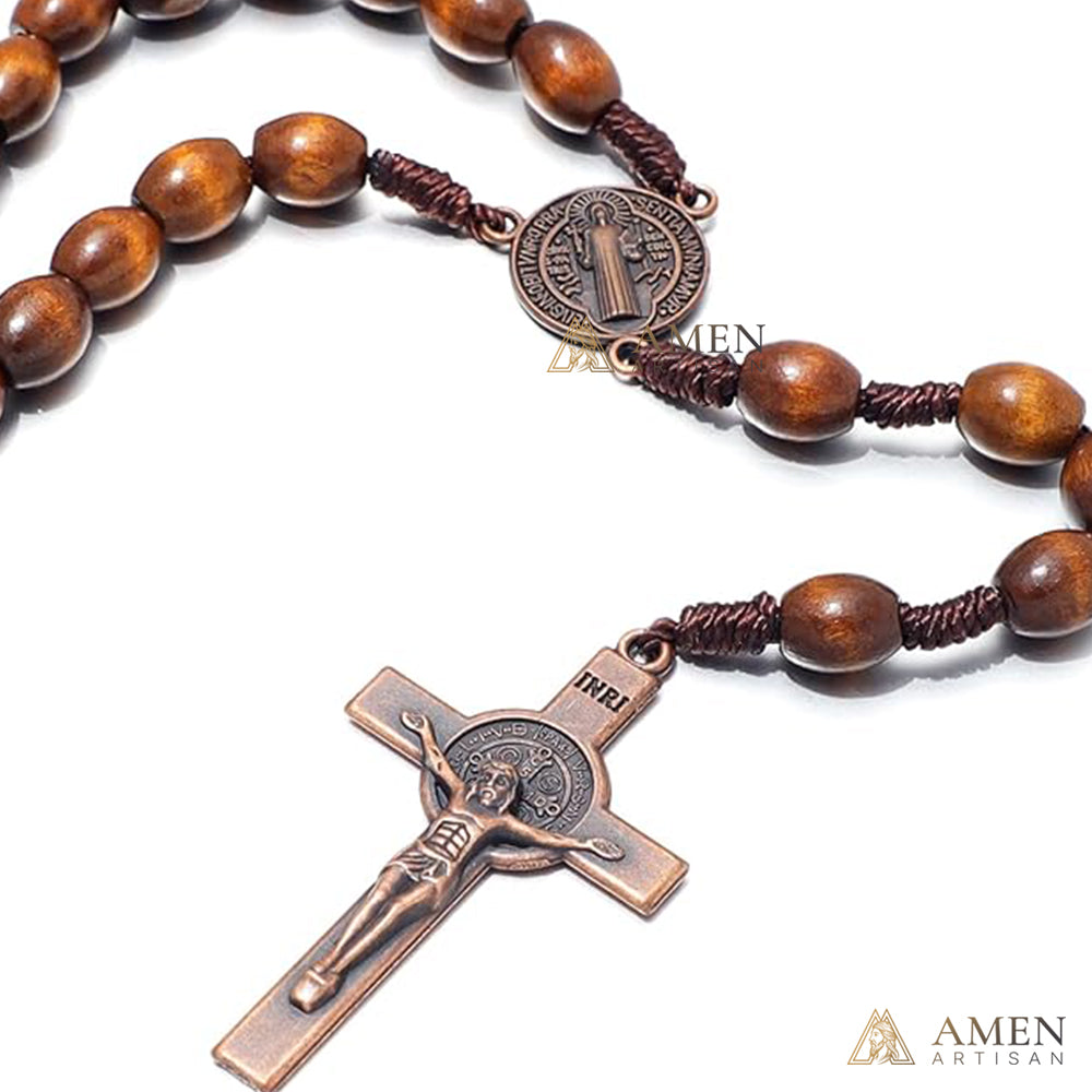 Oval Wooden Beads Saint Benedict Medal Crucifix Rosary Amen Artisan
