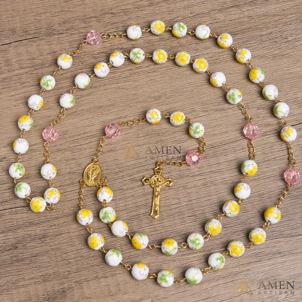 Yellow Floral Ceramic Rosary Amen Artisan