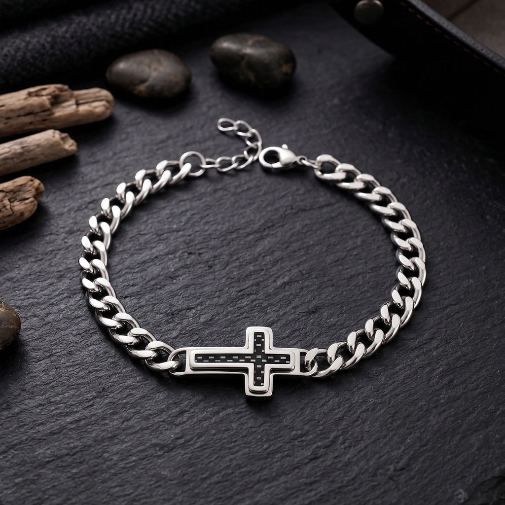 Clean-Lined Cross Bracelet with Curb Chain — Faith and Strength