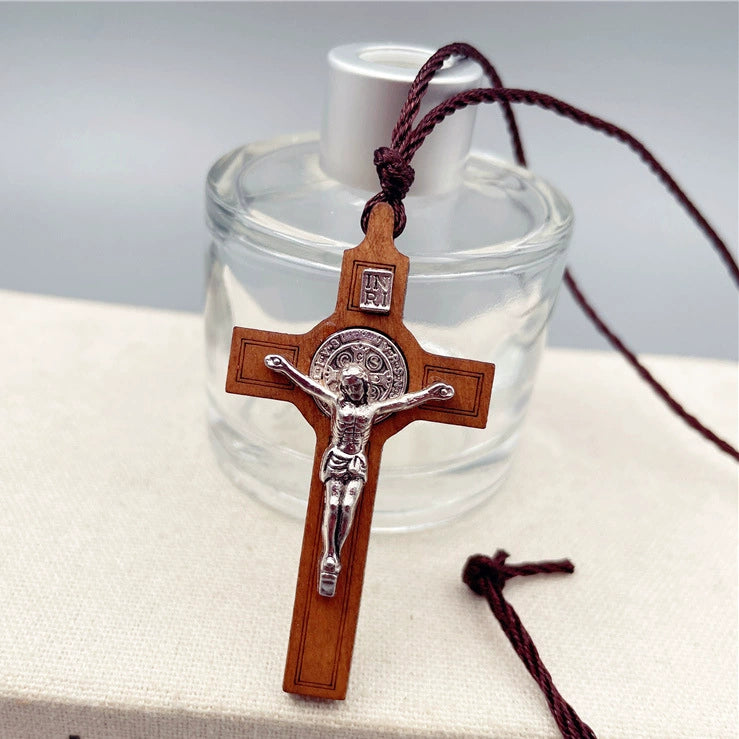Amen Artisan Wood Inlaid Metal Crucifix Cross Necklace