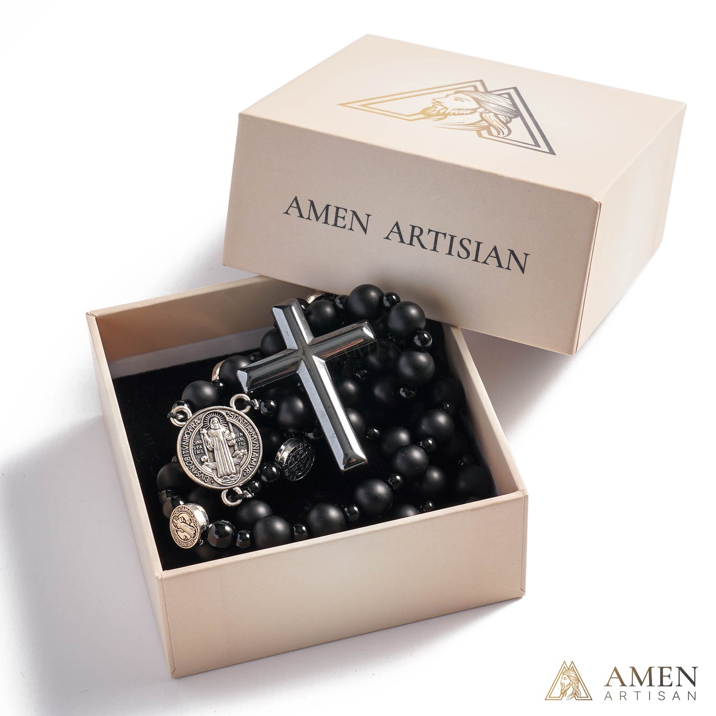 Obsidian St. Benedict Rosary — Black Obsidian Prayer Beads with Saint Benedict Medal for Protection