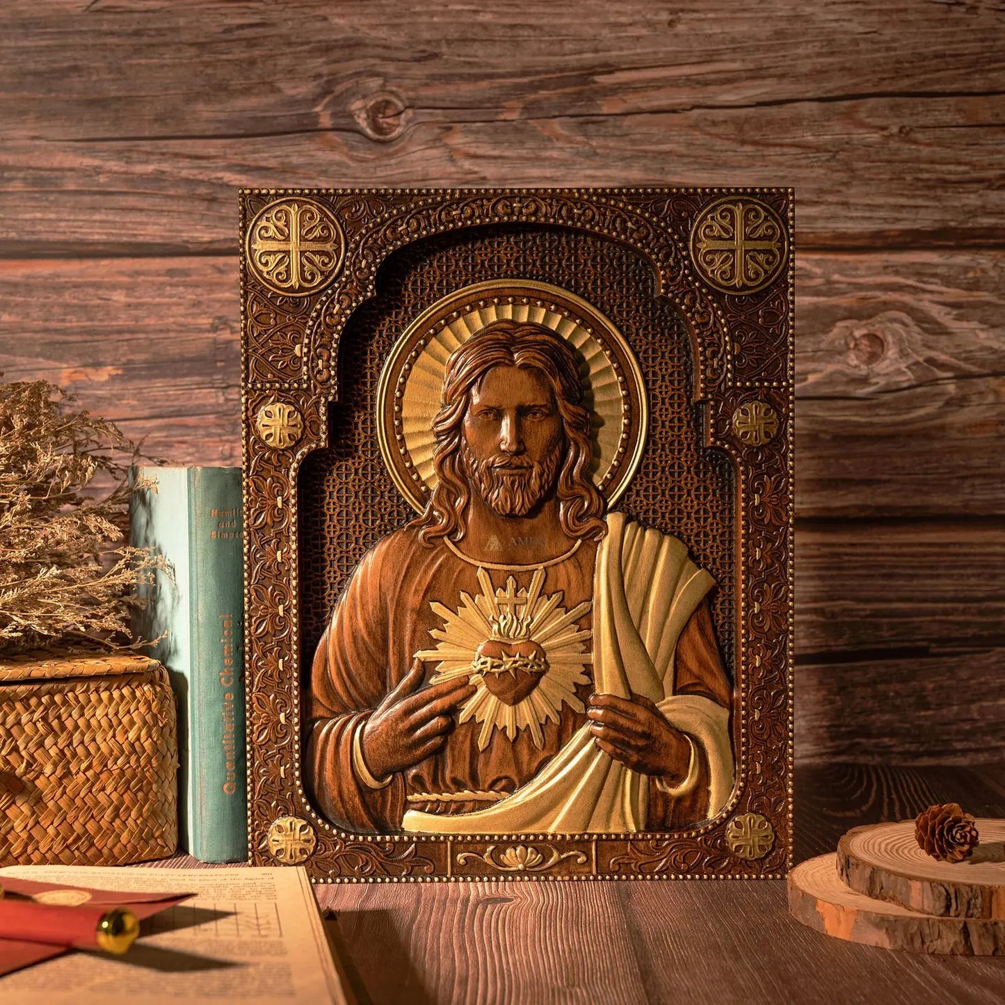 Sacred Heart of Jesus Wood Carved Relief Decor Amen Artisan