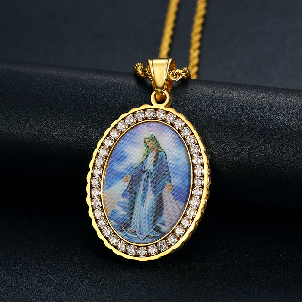 Holy Mother Photo Memorial Titanium Steel Zircon Necklace | Amen Artisan