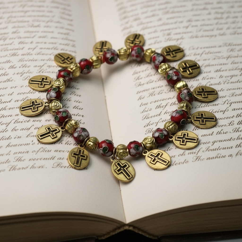 Pulseira elástica Cloisonné Beads Saint Medal Amen Artisan