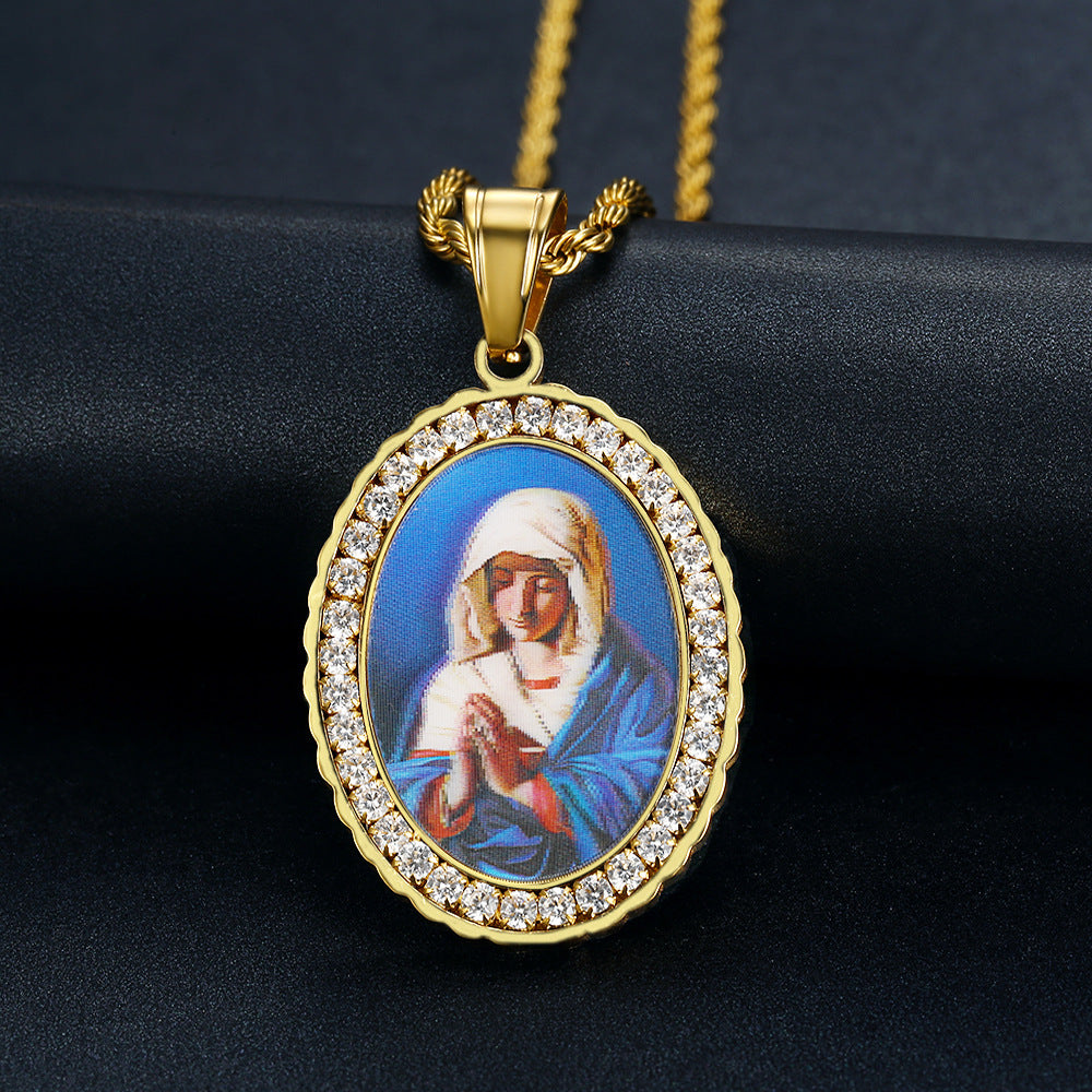 Holy Mother Photo Memorial Titanium Steel Zircon Necklace | Amen Artisan