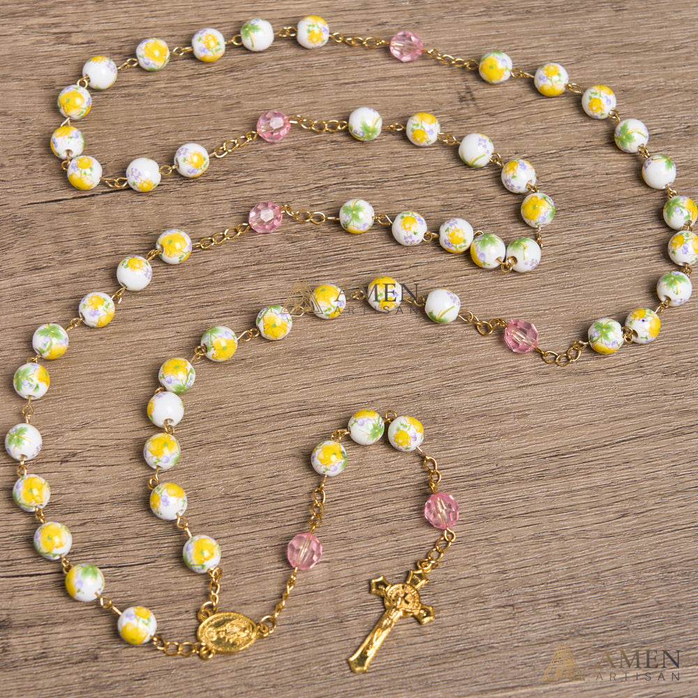 Yellow Floral Ceramic Rosary Amen Artisan