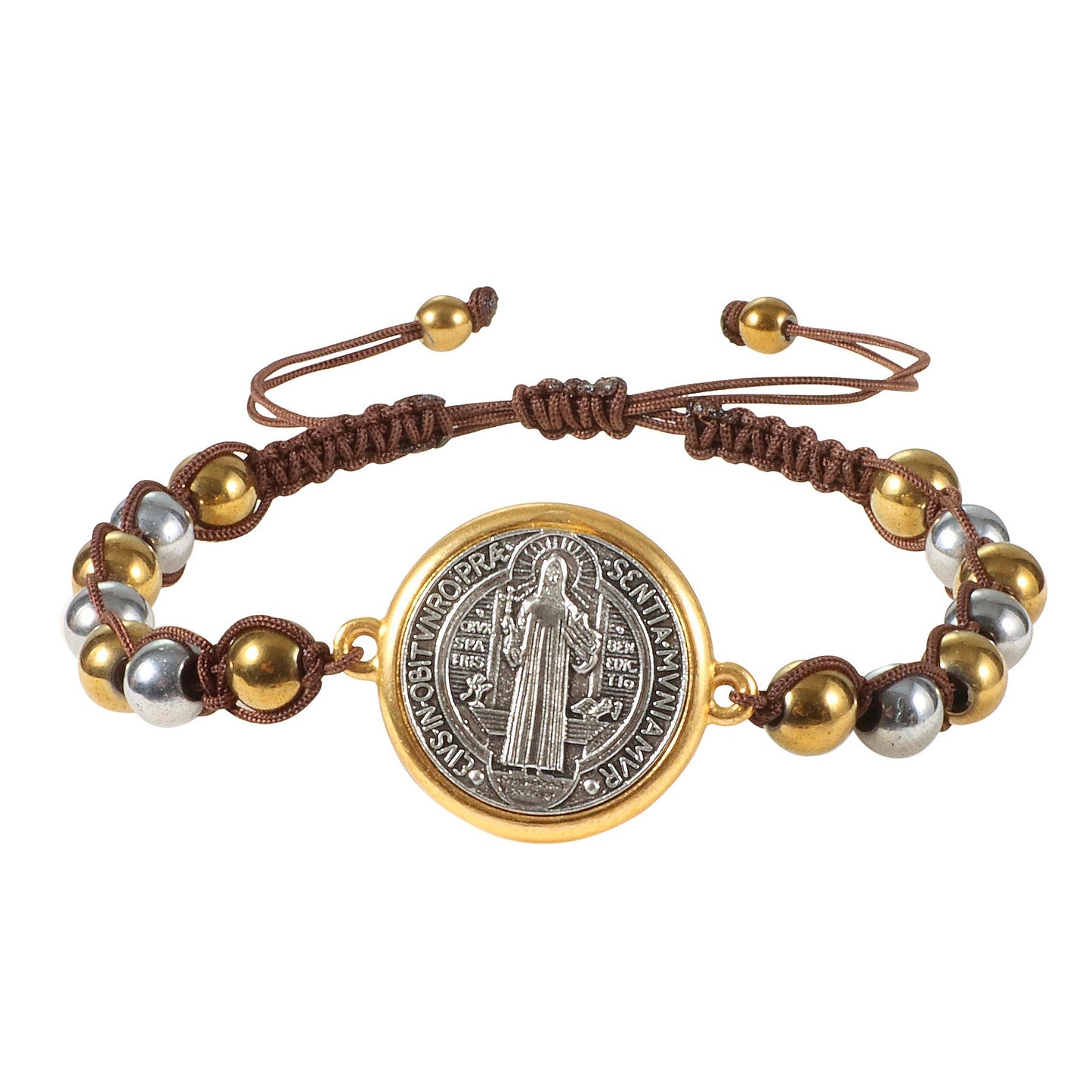 Amen Artisan Gold and Silver Beads Saint Benedict Medal Adjustable Bracelet